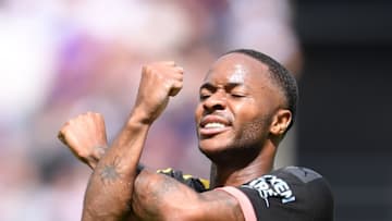 LONDON, ENGLAND - AUGUST 10: Raheem Sterling of Manchester City celebrates after scoring his team's third goal during the Premier League match between West Ham United and Manchester City at London Stadium on August 10, 2019 in London, United Kingdom. (Photo by Laurence Griffiths/Getty Images)
