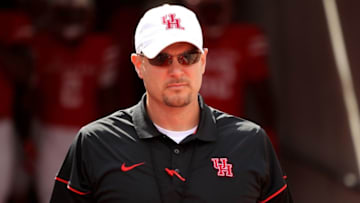 Sep 10, 2016; Houston, TX, USA; Houston Cougars head coach Tom Herman walks onto the field prior to the game against Lamar at TDECU Stadium. Mandatory Credit: Erik Williams-USA TODAY Sports