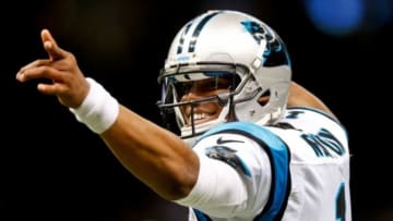 Dec 7, 2014; New Orleans, LA, USA; Carolina Panthers quarterback Cam Newton (1) reacts against the New Orleans Saints during the first half of a game at the Mercedes-Benz Superdome. Mandatory Credit: Derick E. Hingle-USA TODAY Sports