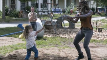 Andrew Lincoln as Rick Grimes, Chloe Garcia-Frizzi as Judith Grimes, Danai Gurira as Michonne - The Walking Dead _ Season 9, Episode 3 - Photo Credit: Gene Page/AMC