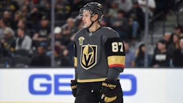 LAS VEGAS, NV - OCTOBER 17: Vadim Shipachyov #87 of the Vegas Golden Knights looks on during a game against the Buffalo Sabres at T-Mobile Arena on October 17, 2017 in Las Vegas, Nevada. The Golden Knights won 5-4 in overtime. (Photo by David Becker/NHLI via Getty Images)