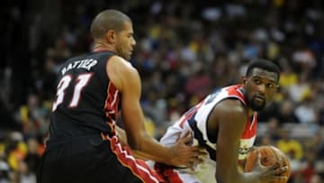 Oct 24, 2012; Kansas City, MO, USA; Washington Wizards forward Chris Singleton (31) tries to pass against Miami Heat forward Shane Battier (31) in the second quarter at the Sprint Center. Mandatory Credit: John Rieger-USA TODAY Sports