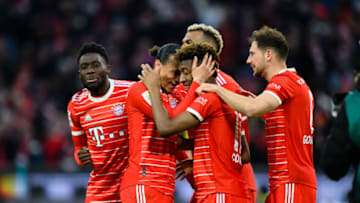 Bayern Munich players celebrating Kingsley Coman's goal against Borussia Dortmund. (Photo by Markus Gilliar - GES Sportfoto/Getty Images)