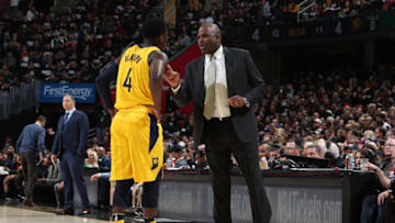 CLEVELAND, OH - APRIL 15: Head Coach Nate McMillan of the Indiana Pacers coaches Victor Oladipo #4 of the Indiana Pacers in Game One of Round One of the 2018 NBA Playoffs on April 15, 2018 at Quicken Loans Arena in Cleveland, Ohio. NOTE TO USER: User expressly acknowledges and agrees that, by downloading and or using this photograph, user is consenting to the terms and conditions of Getty Images License Agreement. Mandatory Copyright Notice: Copyright 2018 NBAE (Photo by Nathaniel S. Butler/NBAE via Getty Images)