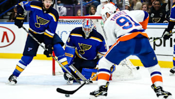 ST. LOUIS, MO - NOVEMBER 11: St. Louis Blues goalie Jake Allen (34) gets set for a shot by New York Islanders' John Tavares, right, during the first period of an NHL hockey game between the St. Louis Blues and the New York Islanders on November 11, 2017, at Scottrade Center in St. Louis, MO. (Photo by Tim Spyers/Icon Sportswire via Getty Images)