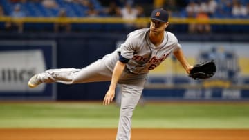 Jul 1, 2016; St. Petersburg, FL, USA; Detroit Tigers relief pitcher Shane Greene (61) throws a pitch during the eighth inning against the Tampa Bay Rays at Tropicana Field. Mandatory Credit: Kim Klement-USA TODAY Sports
