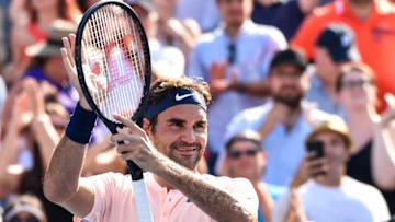 MONTREAL, QC - AUGUST 12: Roger Federer of Switzerland celebrates his 6-3, 7-6 victory over Robin Haase of Netherlands during day nine of the Rogers Cup presented by National Bank at Uniprix Stadium on August 12, 2017 in Montreal, Quebec, Canada. (Photo by Minas Panagiotakis/Getty Images)