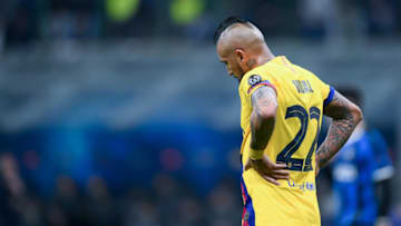 Arturo Vidal of Barcelona looks dejected during the UEFA Champions League stage match between Internazionale and Barcelona at Stadio San Siro, Milan, Italy on 10 December 2019 (Photo by Giuseppe Maffia/NurPhoto via Getty Images)