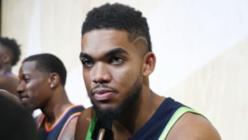 LOS ANGELES, CA - SEPTEMBER 15: Karl-Anthony Towns #32 of the Minnesota Timberwolves debuts the new jersey during the unveiling of the New NBA Partnership with Nike on September 15, 2017 in Los Angeles, California. (Photo by Josh Lefkowitz/Getty Images)