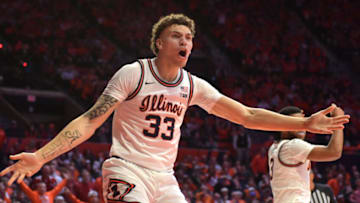 Jan 19, 2023; Champaign, Illinois, USA; Illinois Fighting Illini forward Coleman Hawkins (33) reacts to a call during the first half against the Indiana Hoosiers at State Farm Center. Mandatory Credit: Ron Johnson-USA TODAY Sports