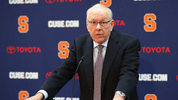SYRACUSE, NY - FEBRUARY 23: Head coach Jim Boeheim of the Syracuse Orange speaks with the media following the game against the Duke Blue Devils at the Carrier Dome on February 23, 2019 in Syracuse, New York. Duke defeated Syracuse 75-65. (Photo by Rich Barnes/Getty Images)