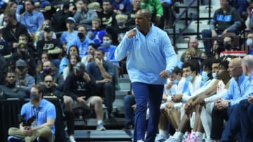 Nov 20, 2021; Uncasville, Connecticut, USA; North Carolina Tarheels head coach Hubert Davis reacts to play on the court against the Purdue Boilermakers during the second half at Mohegan Sun Arena. Mandatory Credit: Gregory Fisher-USA TODAY Sports