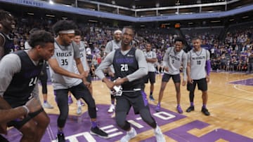 SACRAMENTO, CA - OCTOBER 7: Harry Giles III #20 of the Sacramento Kings entertains the fans during the Sacramento Kings Fan Fest on October 7, 2018 at Golden 1 Center in Sacramento, California. NOTE TO USER: User expressly acknowledges and agrees that, by downloading and/or using this Photograph, user is consenting to the terms and conditions of the Getty Images License Agreement. Mandatory Copyright Notice: Copyright 2018 NBAE (Photo by Rocky Widner/NBAE via Getty Images)