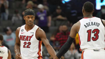 Miami Heat forward Jimmy Butler (22) greets center Bam Adebayo (13) before the game against the Sacramento Kings(Darren Yamashita-USA TODAY Sports)