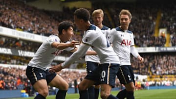 LONDON, ENGLAND - APRIL 15: Heung-Min Son of Tottenham Hotspur celebrates scoring his sides second goal with his Tottenham Hotspur team mates during the Premier League match between Tottenham Hotspur and AFC Bournemouth at White Hart Lane on April 15, 2017 in London, England. (Photo by Shaun Botterill/Getty Images)