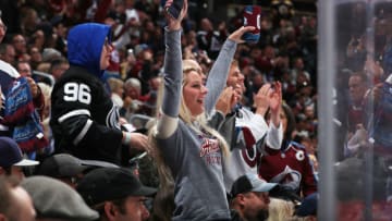 DENVER, COLORADO - OCTOBER 10: A fan of the Colorado Avalanche cheers against the Boston Bruins at Pepsi Center on October 10, 2019 in Denver, Colorado. (Photo by Michael Martin/NHLI via Getty Images)