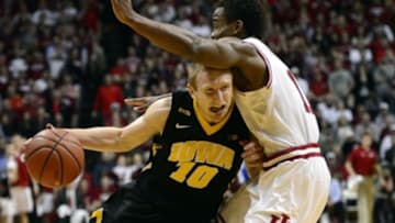 Feb 11, 2016; Bloomington, IN, USA;Iowa Hawkeyes guard Mike Gesell (10) drives toward the basket against Indiana Hoosiers guard Yogi Ferrell (11) late in the second period of the game at Assembly Hall. Indiana Hoosiers defeated the Iowa Hawkeyes 85 to 78. Mandatory Credit: Marc Lebryk-USA TODAY Sports