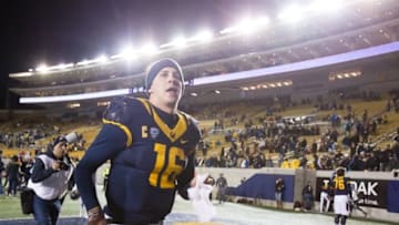 Nov 28, 2015; Berkeley, CA, USA; California Golden Bears quarterback Jared Goff (16) walks off the field after the win against the Arizona State Sun Devils at Memorial Stadium. The California Golden Bears defeated the Arizona State Sun Devils 48-46. Mandatory Credit: Kelley L Cox-USA TODAY Sports