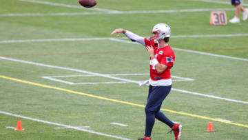 Auburn footballJun 15, 2021; Foxborough, MA, USA; New England Patriots quarterback Jarrett Stidham (4) participates in drills during the New England Patriots mini camp at the New England Patriots practice complex. Mandatory Credit: Paul Rutherford-USA TODAY Sports