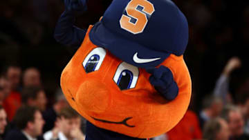 NEW YORK, NY - MARCH 14: Otto, the mascot for the Syracuse Orange performs against the Pittsburgh Panthers during the quaterfinals of the Big East Men's Basketball Tournament at Madison Square Garden on March 14, 2013 in New York City. (Photo by Elsa/Getty Images)