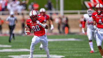 LUBBOCK, TX - SEPTEMBER 15: Ja'Deion High #88 of the Texas Tech Red Raiders breaks free after making the catch during the first half of the game against the Houston Cougars on September 15, 2018 at Jones AT&T Stadium in Lubbock, Texas. (Photo by John Weast/Getty Images)