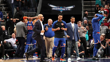 CHARLOTTE, NC - DECEMBER 14: Courney Lee #5 and Head Coach David Fizdale of the New York Knicks react to a play during the fourth quarter of the game against the Charlotte Hornets - going into overtime on December 14, 2018 at Spectrum Center in Charlotte, North Carolina. NOTE TO USER: User expressly acknowledges and agrees that, by downloading and or using this photograph, User is consenting to the terms and conditions of the Getty Images License Agreement. Mandatory Copyright Notice: Copyright 2018 NBAE (Photo by Kent Smith/NBAE via Getty Images)