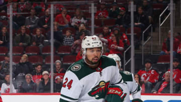 NEWARK, NJ - FEBRUARY 22: Matt Dumba #24 of the Minnesota Wild skates in the first-period against the New Jersey Devils during the game at Prudential Center on February 22, 2018 in Newark, New Jersey. (Photo by Andy Marlin/NHLI via Getty Images)