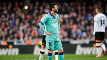 VALENCIA, SPAIN - JANUARY 25: Lionel Messi of FC Barcelona during the La Liga Santander match between Valencia v FC Barcelona at the Estadio de Mestalla on January 25, 2020 in Valencia Spain (Photo by David S. Bustamante/Soccrates/Getty Images)