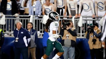 STATE COLLEGE, PA - OCTOBER 13: Felton Davis III #18 of the Michigan State Spartans celebrates after catching a 25 yard touchdown pass in the fourth quarter against Amani Oruwariye #21 of the Penn State Nittany Lions on October 13, 2018 at Beaver Stadium in State College, Pennsylvania. (Photo by Justin K. Aller/Getty Images)