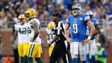 Dec 3, 2015; Detroit, MI, USA; Detroit Lions quarterback Matthew Stafford (9) during the fourth quarter against the Green Bay Packers at Ford Field. Packers win 27-23. Mandatory Credit: Raj Mehta-USA TODAY Sports