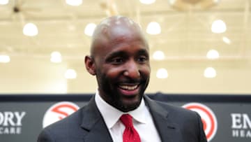 BROOKHAVEN, GA - MAY 14: Lloyd Pierce speaks to the media after being hired as Head Coach of the Atlanta Hawks on May 14, 2018 at the Emory Sports Medicine Complex in Brookhaven, Georgia. NOTE TO USER: User expressly acknowledges and agrees that, by downloading and/or using this photograph, user is consenting to the terms and conditions of the Getty Images License Agreement. Mandatory Copyright Notice: Copyright 2018 NBAE (Photo by Scott Cunningham/NBAE via Getty Images)