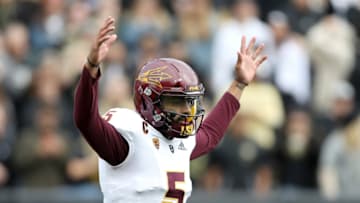 BOULDER, CO - OCTOBER 06: Quarterback Manny Wilkins #5 of the Arizona State Sun Devils celebrates a touchdown in the first quarter against the Colorado Buffaloes at Folsom Field on October 6, 2018 in Boulder, Colorado. (Photo by Matthew Stockman/Getty Images)