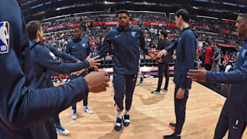LOS ANGELES, CA - MARCH 31: Bruno Caboclo #5 of the Memphis Grizzlies runs onto court before the game against the LA Clippers on March 31, 2019 at STAPLES Center in Los Angeles, California. NOTE TO USER: User expressly acknowledges and agrees that, by downloading and/or using this photograph, user is consenting to the terms and conditions of the Getty Images License Agreement. Mandatory Copyright Notice: Copyright 2019 NBAE (Photo by Andrew D. Bernstein/NBAE via Getty Images)