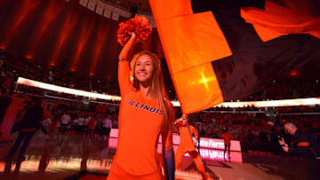 Jan 14, 2022; Champaign, Illinois, USA; A cheerleader is shown at State Farm Center. Mandatory Credit: Ron Johnson-USA TODAY Sports