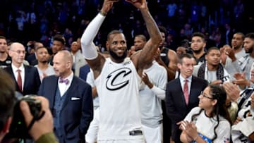 LOS ANGELES, CA - FEBRUARY 18: LeBron James receives the trophy for Team LeBron at the 67th NBA All-Star Game: Team LeBron Vs. Team Stephen at Staples Center on February 18, 2018 in Los Angeles, California. (Photo by Kevin Mazur/WireImage)
