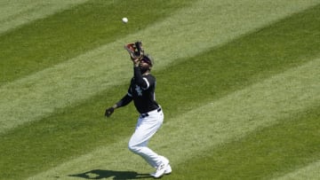 May 20, 2023; Chicago, Illinois, USA; Chicago White Sox center fielder Luis Robert Jr. (88) makes a catch on Kansas City Royals right fielder MJ Melendez (1) during the sixth inning at Guaranteed Rate Field. Mandatory Credit: David Banks-USA TODAY Sports