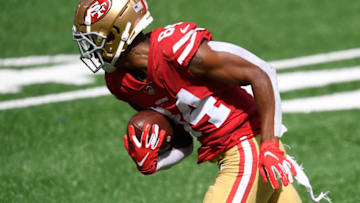 EAST RUTHERFORD, NEW JERSEY - SEPTEMBER 20: Kendrick Bourne #84 of the San Francisco 49ers carries the ball during the first half of the game against the New York Jets at MetLife Stadium on September 20, 2020 in East Rutherford, New Jersey. (Photo by Sarah Stier/Getty Images)