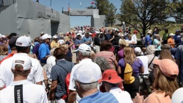 Aug 15, 2013; Parker, CO, USA; General view of the crowds at the Colorado Golf Club during a practice round at the 2013 Solheim Cup. Mandatory Credit: Ron Chenoy-USA TODAY Sports