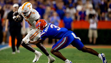 Sep 16, 2023; Gainesville, Florida, USA; Florida Gators cornerback Jason Marshall Jr. (3) tackles Tennessee Volunteers wide receiver Ramel Keyton (9) during the second half at Ben Hill Griffin Stadium. Mandatory Credit: Matt Pendleton-USA TODAY Sports