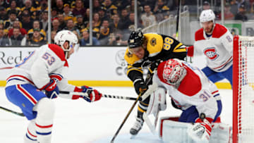 BOSTON, MASSACHUSETTS - FEBRUARY 12: Carey Price #31 of the Montreal Canadiens saves a shot from David Pastrnak #88 of the Boston Bruins during the first period at TD Garden on February 12, 2020 in Boston, Massachusetts. (Photo by Maddie Meyer/Getty Images)