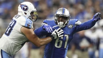 Sep 18, 2016; Detroit, MI, USA; Tennessee Titans offensive tackle Jack Conklin (78) defends against Detroit Lions defensive end Kerry Hyder (61) during the fourth quarter at Ford Field. Titans win 16-15. Mandatory Credit: Raj Mehta-USA TODAY Sports