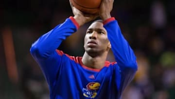 Feb 4, 2014; Waco, TX, USA; Kansas Jayhawks center Joel Embiid (21) warms up before the game against the Baylor Bears at the Ferrell Center. The Jayhawks defeated the Bears 69-52. Mandatory Credit: Jerome Miron-USA TODAY Sports