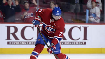 Nov 15, 2016; Montreal, Quebec, CAN; Montreal Canadiens forward Alex Galchenyuk (27) shoots the puck during the warmup period before the game against the Florida Panthers at the Bell Centre. Mandatory Credit: Eric Bolte-USA TODAY Sports