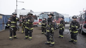 CHICAGO FIRE -- "51's Original Bell" Episode 820 -- Pictured: (l-r) Taylor Kinney as Kelly Severide, Randy Flagler as Harold Capp, Joe Minoso as Joe Cruz, Eamonn Walker as Wallace Boden, Anthony Ferraris as himself, Jesse Spencer as Matthew Casey, Annie Ilonzeh as Emily Foster, Alberto Rosende as Blake Gallo -- (Photo by: Adrian S. Burrows Sr./NBC)
