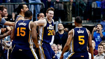 Feb 9, 2016; Dallas, TX, USA; Utah Jazz forward Gordon Hayward (20) celebrates with guard Rodney Hood (5) and forward Derrick Favors (15) after making the game winning shot in overtime to defeat the Dallas Mavericks at American Airlines Center. Mandatory Credit: Kevin Jairaj-USA TODAY Sports