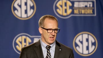 NASHVILLE, TN - MARCH 13: Greg Sankey the new commissioner of the SEC talks to the media before the quaterfinals of the SEC Basketball Tournament at Bridgestone Arena on March 13, 2015 in Nashville, Tennessee. (Photo by Andy Lyons/Getty Images)