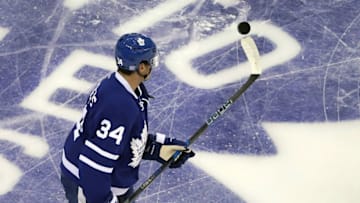 Oct 27, 2016; Toronto, Ontario, CAN; Toronto Maple Leafs center Auston Matthews (34) warms up before playing against the Florida Panthers at Air Canada Centre. Mandatory Credit: Tom Szczerbowski-USA TODAY Sports