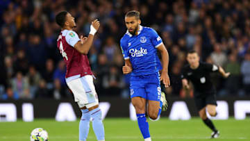BIRMINGHAM, ENGLAND - SEPTEMBER 27: Dominic Calvert-Lewin of Everton takes possession from Ezri Konsa of Aston Villa during the Carabao Cup Third Round match between Aston Villa and Everton at Villa Park on September 27, 2023 in Birmingham, England. (Photo by Marc Atkins/Getty Images)