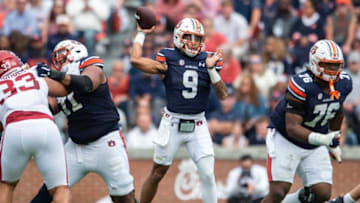 Auburn football quarterback Robby Ashford (9) throws the ball as the Auburn Tigers take on Arkansas Razorbacks at Jordan-Hare Stadium in Auburn, Ala., on Saturday, Oct. 29, 2022. Arkansas Razorbacks leads Auburn Tigers 17-13 at halftime.