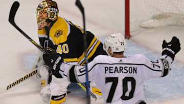 BOSTON - OCTOBER 28: With .09 seconds left in overtime, Boston Bruins goalie Tuuka Rask can't stop the winning goal by Kings' Tyler Toffoli, not pictured, as Kings' Tanner Pearson celebrates. The Boston Bruins host the Los Angeles Kings at TD Garden in Boston on Oct. 28, 2017. (Photo by John Tlumacki/The Boston Globe via Getty Images)